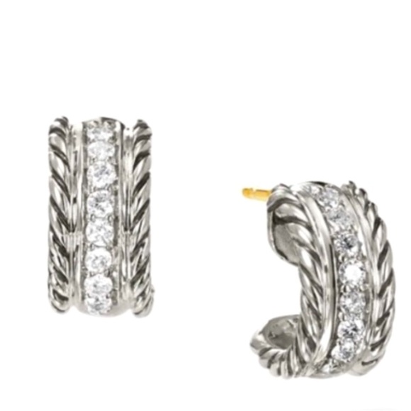 David Yurman Jewelry - David Yurman Sterling and Pave Diamond Cable Huggie Earrings.